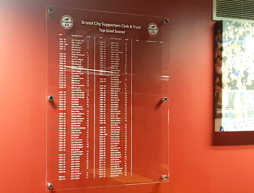 Acrylic honours board at Bristol City Football club