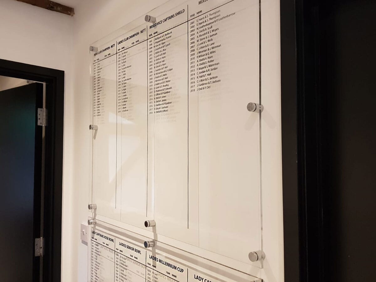 Acrylic honours boards at a golf club